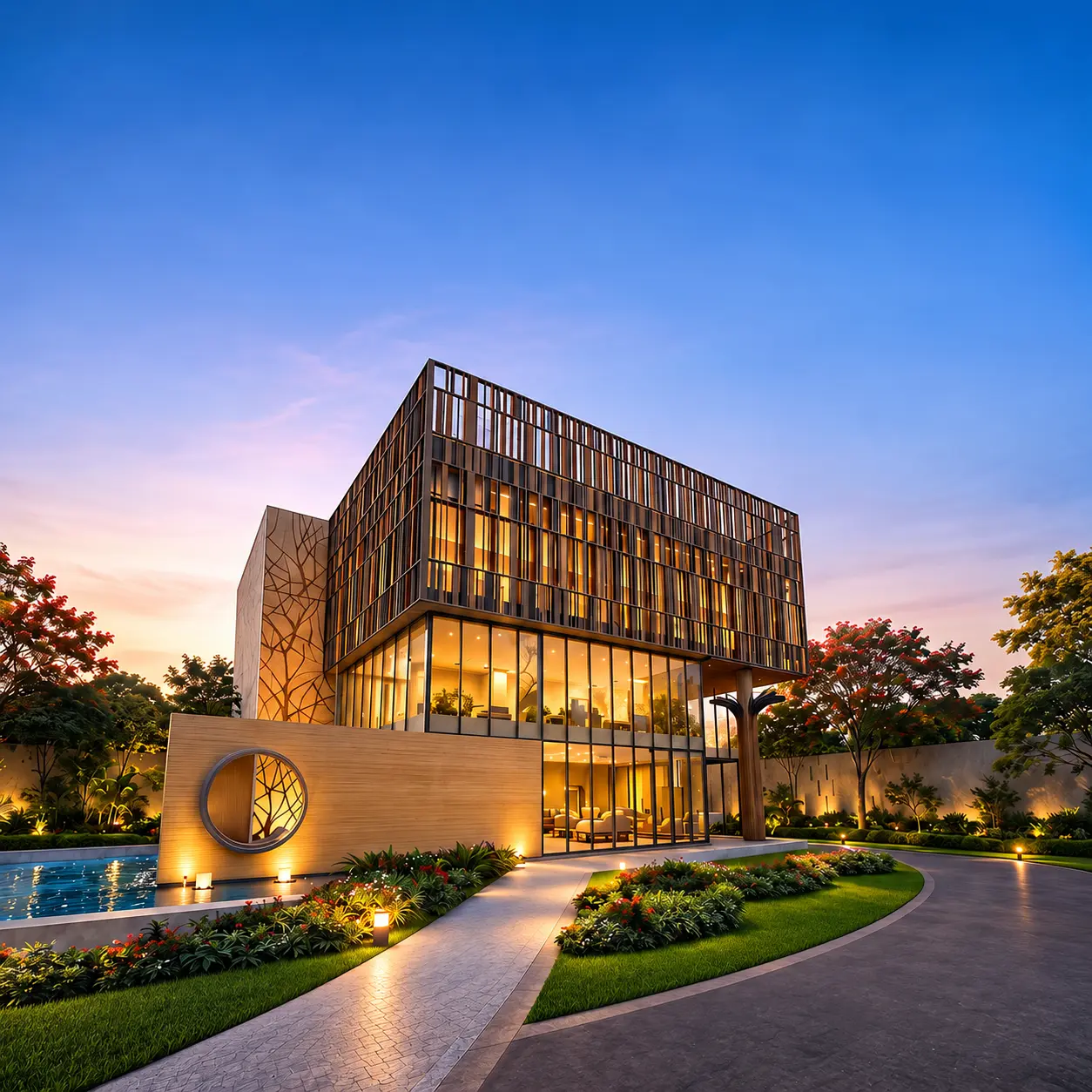 The illuminated 30,000 sq.ft clubhouse and landscaping