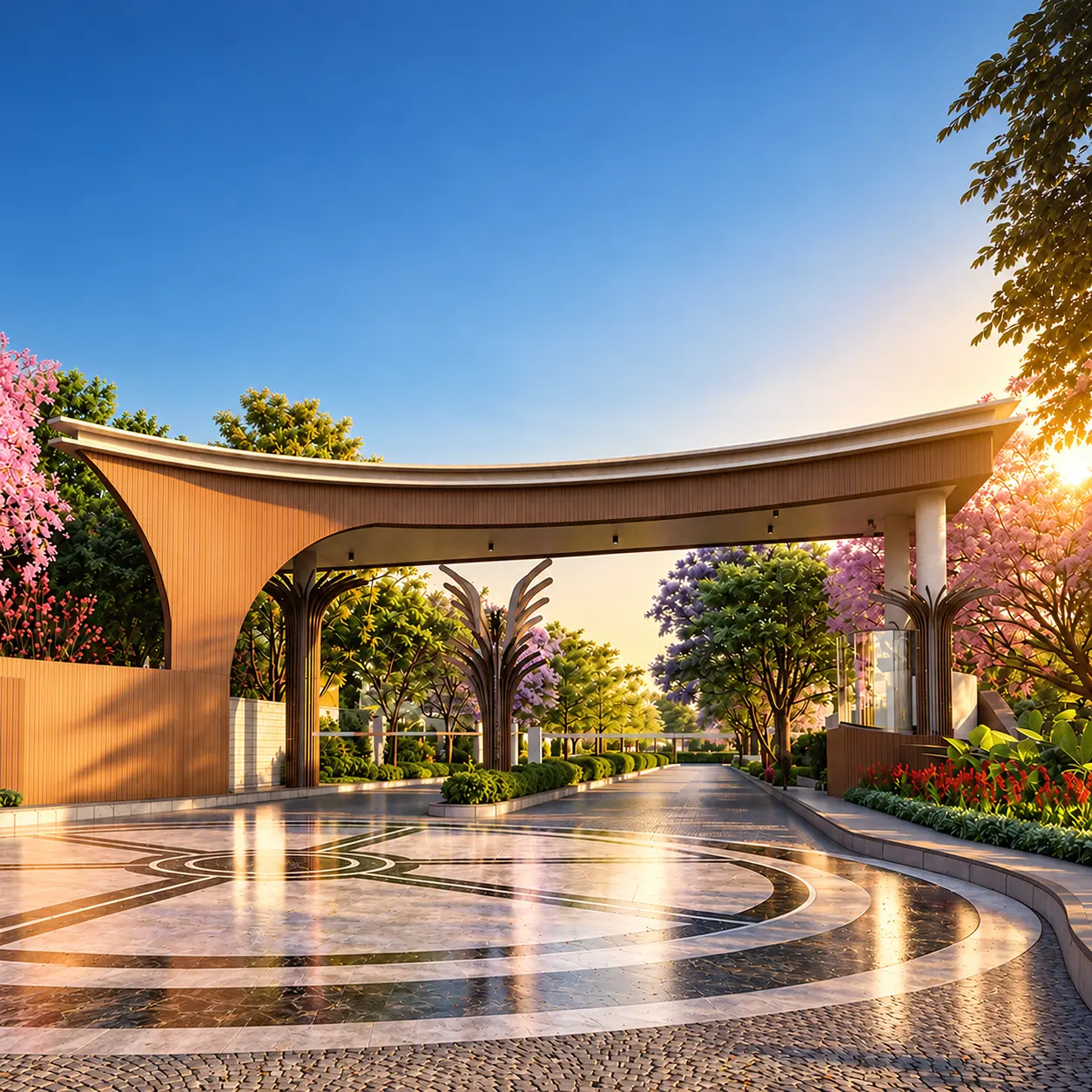 The grand arched entrance and arrival driveway