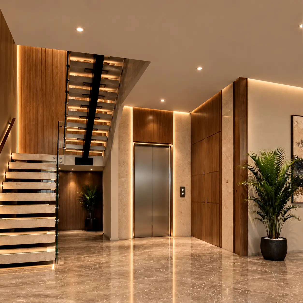 A villa lobby with the private home elevator and staircase