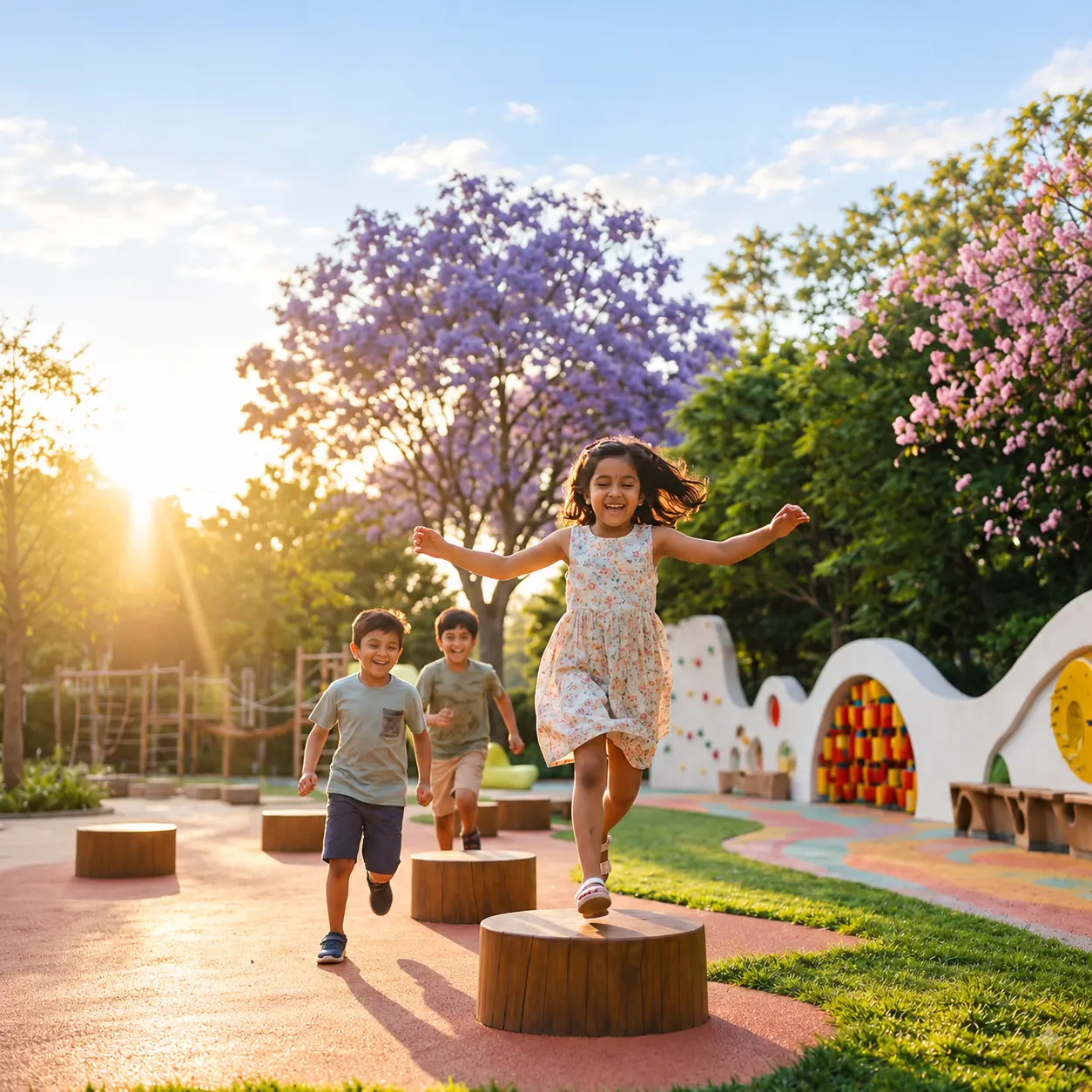 Children at the landscaped children's play area