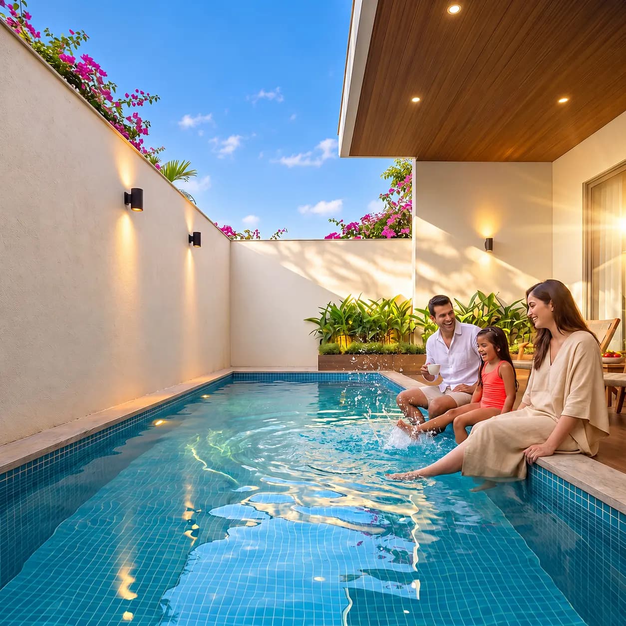 A family by a private villa pool and deck