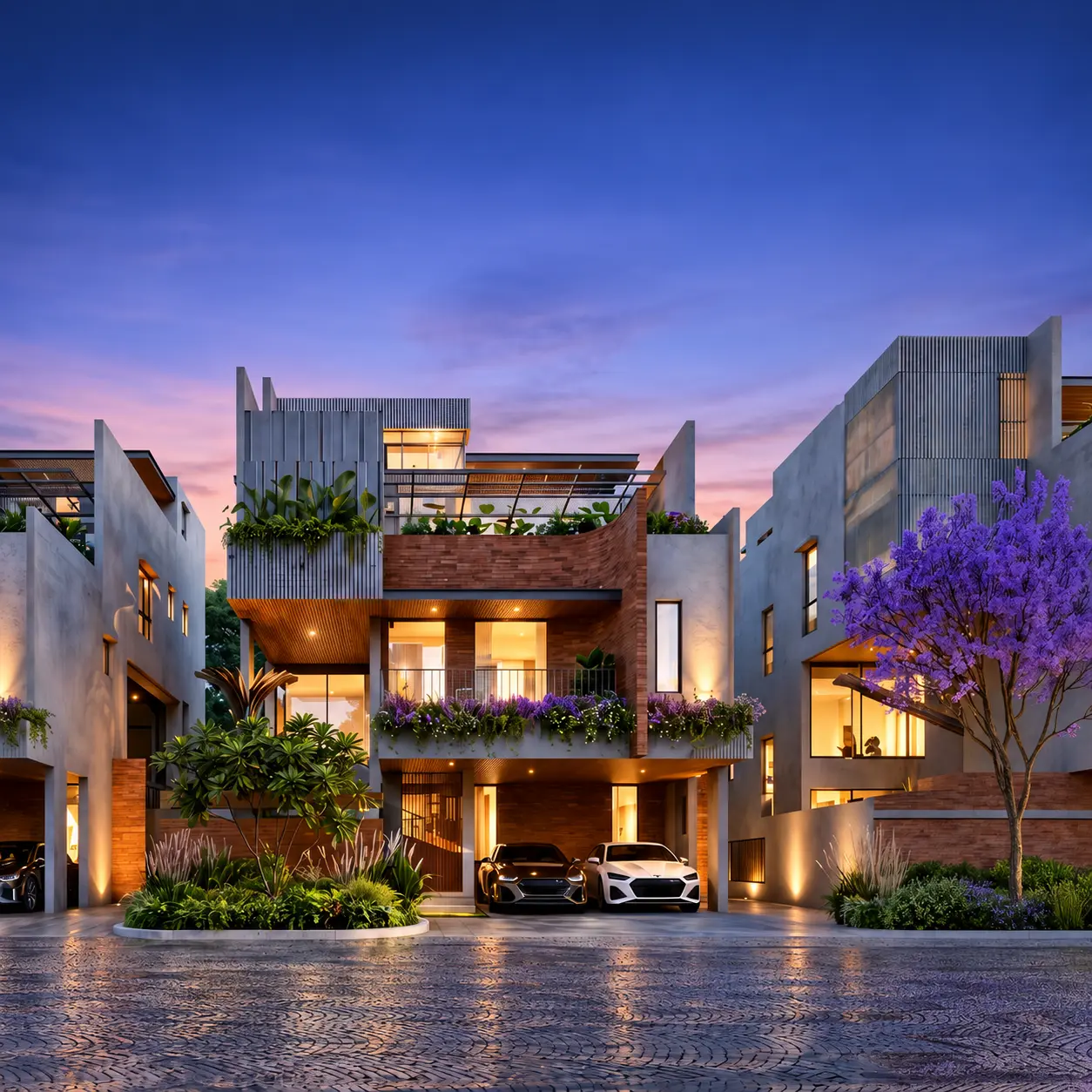 Dusk elevation of the G+3 villas with jacaranda trees at Inspira Trees of Life